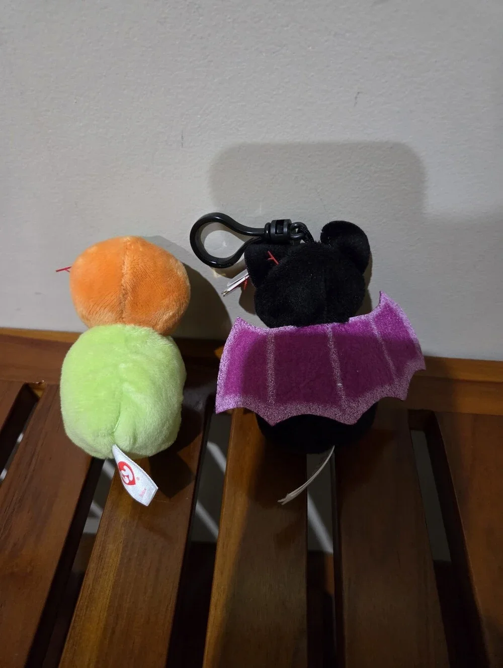 Ty Plush Keychain Duo - Neon Green Pumpkin & Black Bat with Purple Accents